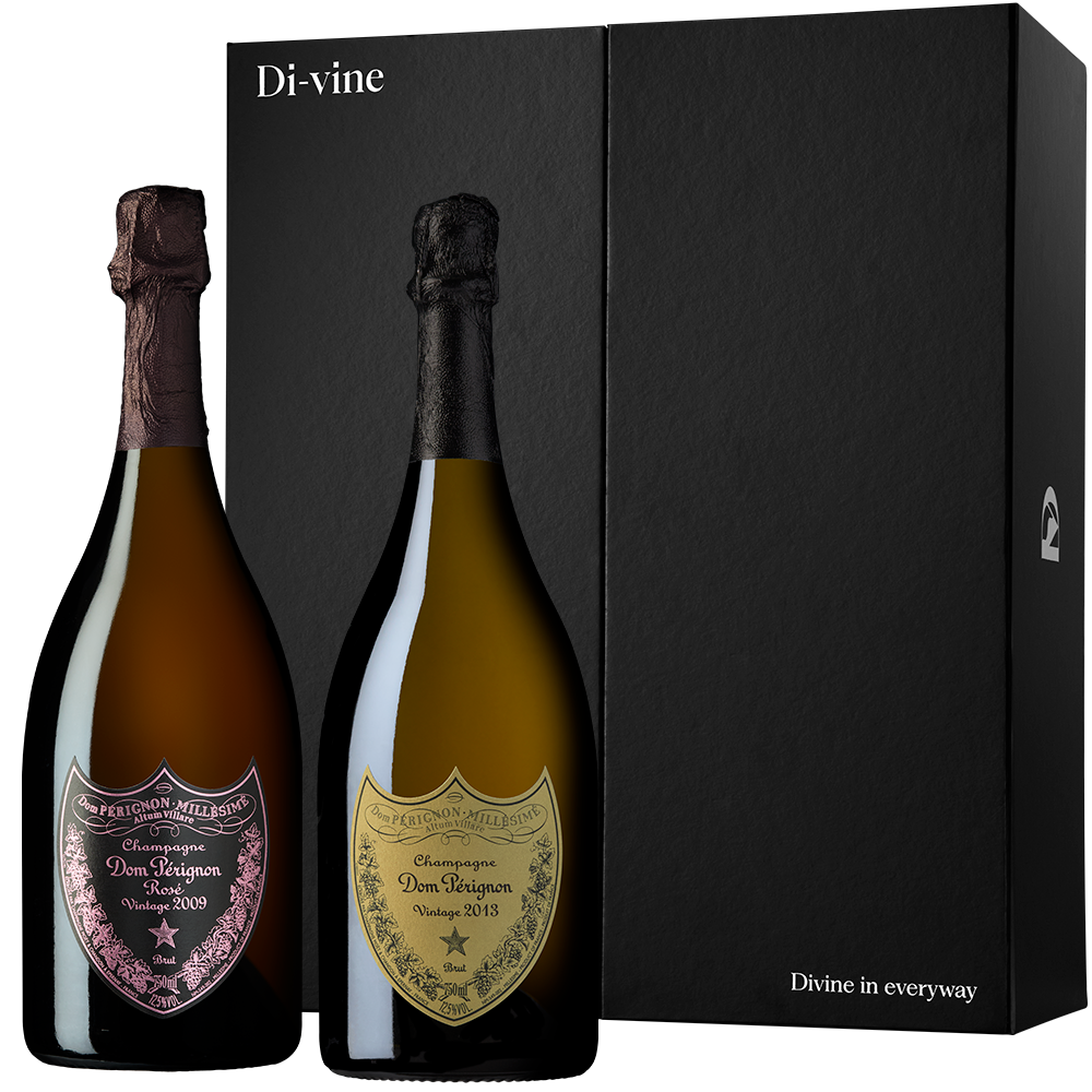 Front view of a bottle of Dom Perignon Rosé and a bottle of Dom Perignon 2013 in front of a black “Di-vine” elevator gift box on a white background. 