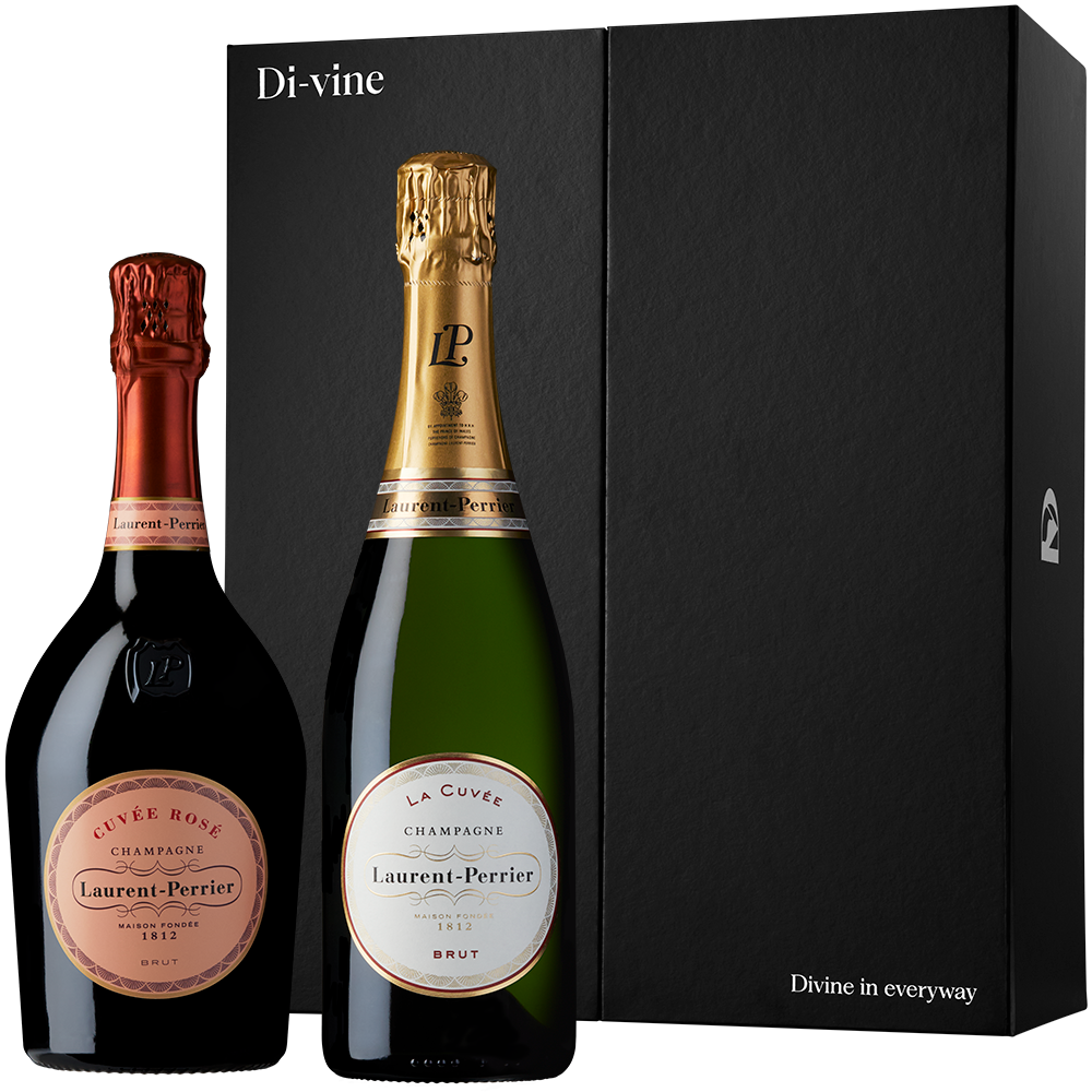 Front view of a bottle of Laurent-Perrier Rosé and a bottle of Laurent-Perrier La Cuvée Brut in front of a "Di-vine" elevator gift box on a white background