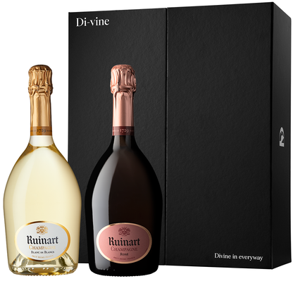 Front view of a bottle of Ruinart Rosé and a bottle of Ruinart Blanc de Blancs in front of a black "Di-vine" elevator gift box on a white background.