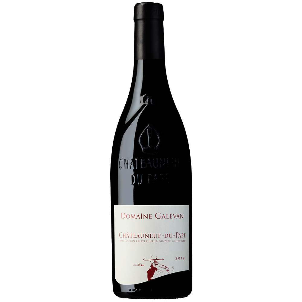 Front view of a bottle of Galevan Chateauneuf-du-Pape Rouge 2019 75cl on a white background.