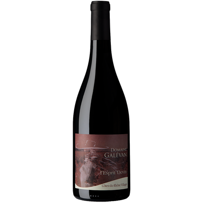 Front view of a bottle of Galevan L Esprit Devin Cotes du Rhone Villages 2020 75cl on a white background.