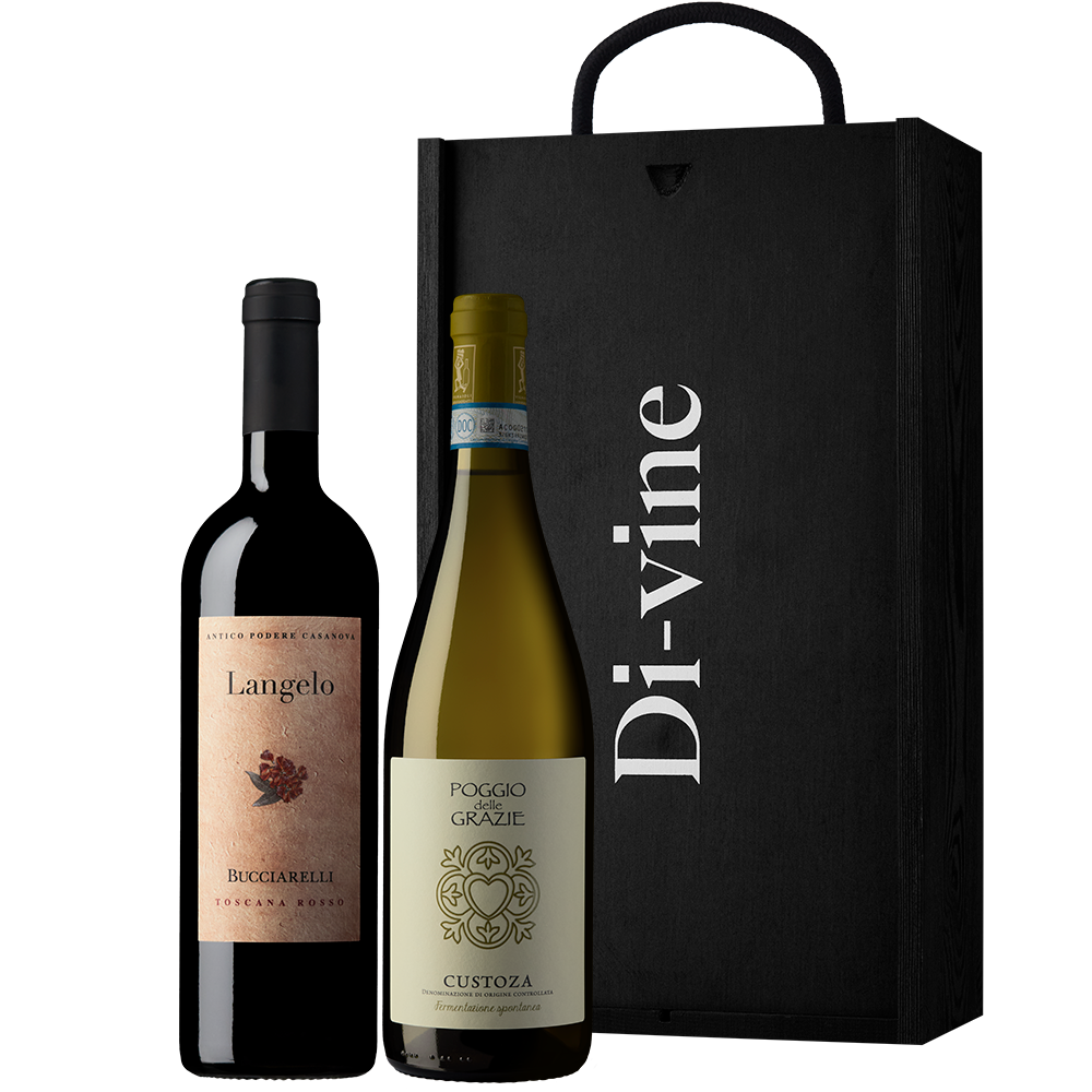 Front view of a bottle of Bucciarelli Langelo Rosso IGT Toscana 2019 Castellina and a bottle of Poggio delle Grazie Custoza 2022 in front of a black wooden gift box with “Di-vine” printed in white of the lid. All on a white background.