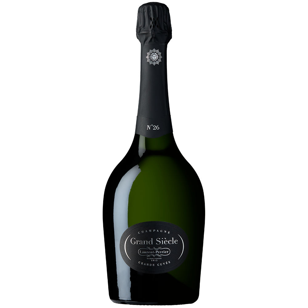 Front view of a bottle of Laurent-Perrier Grand Siecle on a white background. 