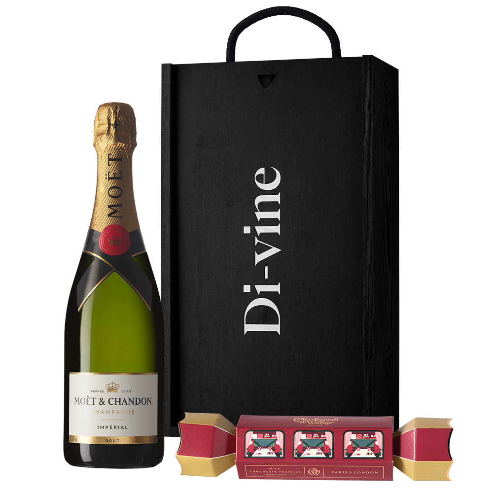 Moet Imperial Brut and Charbonnel & Walker milk chocolate truffle cracker in a wooden box
