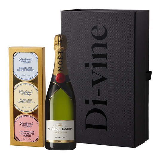 Half bottle of Moet Imperial Brut and trio of Charbonel & Walker champagne truffles in a small black hamper gift box