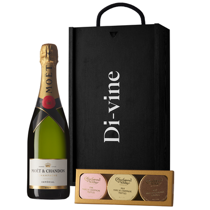 Moet Imperial Brut and trio of Charbonel & Walker champagne truffles in a wooden gift box