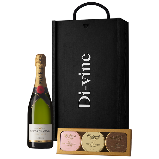 Half bottle of Moet & Chandon Impérial Brut and trio of Charbonel & Walker champagne truffles in a wooden gift box