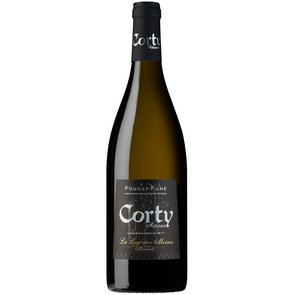 Front view of a bottle of Moreux Corty Pouilly-Fume La Loge Aux Moines 2020 on a white background