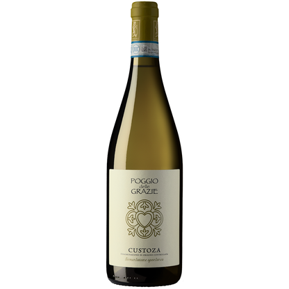 Front view of a bottle of Poggio delle Grazie Custoza 2022 75cl on a white background.