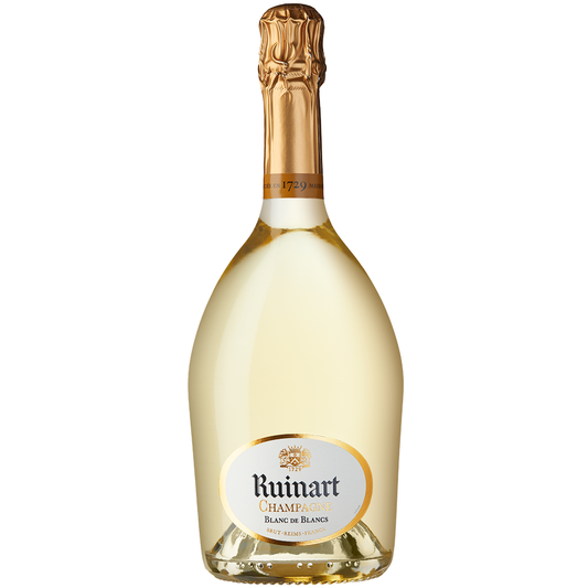 Front view of a bottle of Ruinart Blanc de Blancs 75cl on a white background.