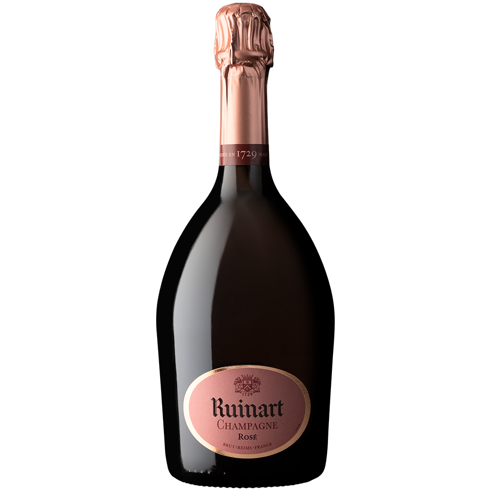 Front view of a bottle of Ruinart Rosé 75cl on a white background.