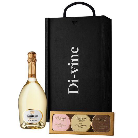 Half bottle of Ruinart Blanc de Blancs and trio of Charbonel & Walker champagne truffles in a wooden gift box