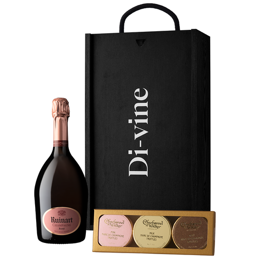Half bottle of Ruinart Rosé and trio of Charbonel & Walker champagne truffles in a wooden gift box