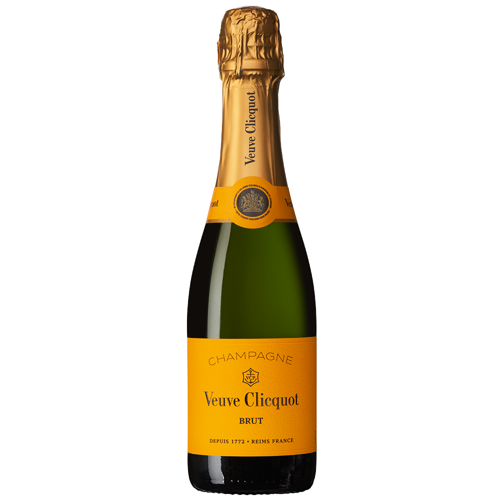 Half bottle of Veuve Clicquot Yellow Label and trio of Charbonel & Walker champagne truffles in a small black hamper gift box