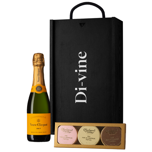Half bottle of Veuve Clicquot Yellow Label and trio of Charbonel & Walker champagne truffles in a wooden gift box