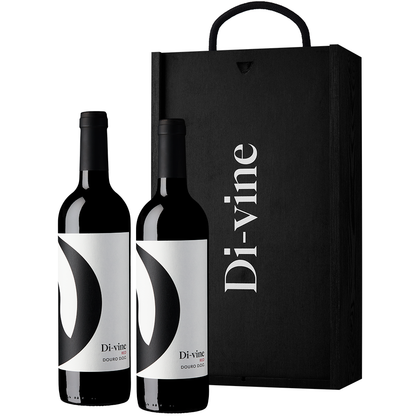 Front view of 2 bottles of "Di-vine" red wine an in front of a black wooden gift box with the word “Di-vine” printed on it, on a white background.