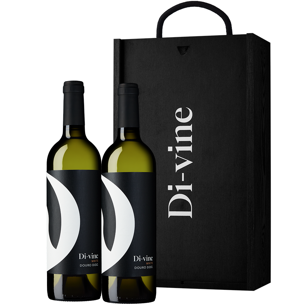 Front view of 2 bottles of "Di-vine" white wine an in front of a black wooden gift box with the word “Di-vine” printed on it, on a white background.