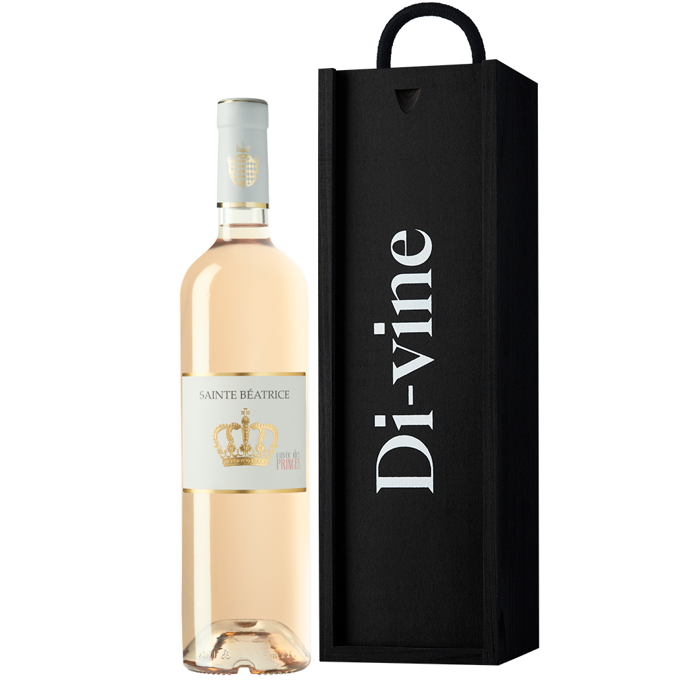 Front view of a bottle of Sainte Beatrice Cuvee de Princes Rosé and a Di-vine black wooden gift box with the word "Di-vine" printed on the front of the gift box